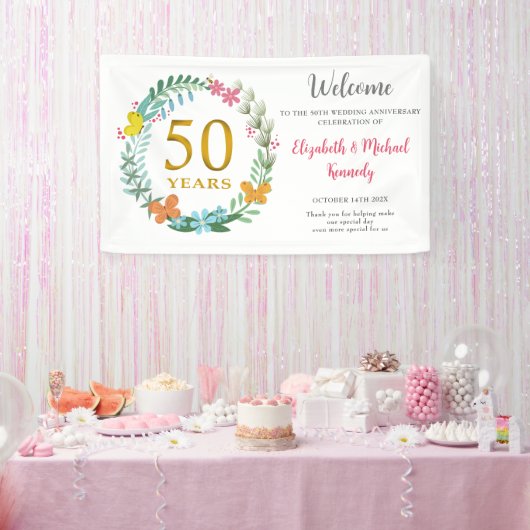 50e Jubileum Golden Floral Wreath Wedding Spandoek (Feest)