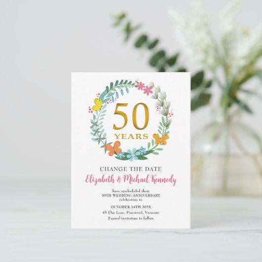 50e Jubileum Golden Floral Wreatsverandering Datum Briefkaart (Staand voorkant)