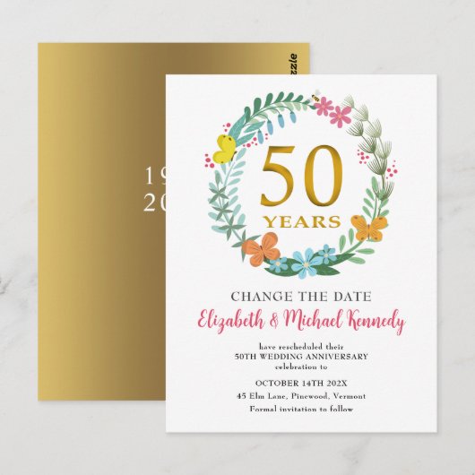 50e Jubileum Golden Floral Wreatsverandering Datum Briefkaart (Voorkant / Achterkant)