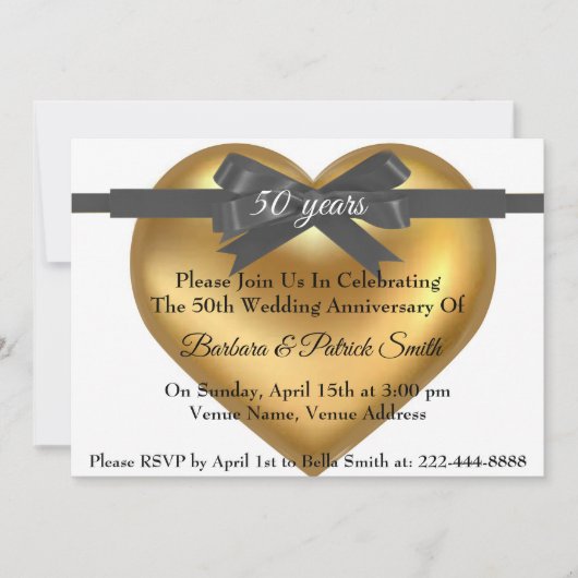 50e Jubileum Golden Heart Elegant Invitation Kaart (Voorkant)