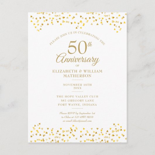 50e Jubileum Golden Love Hearts Uitnodiging Briefkaart (Voorkant)