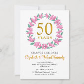 50e Jubileum Golden Pink Floral Change Date Kaart (Voorkant)
