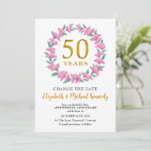 50e Jubileum Golden Pink Floral Change Date Kaart (Staand voorkant)