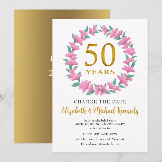 50e Jubileum Golden Pink Floral Change Date Kaart (Voorkant / Achterkant)