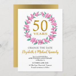 50e Jubileum Golden Pink Floral Change Date Kaart