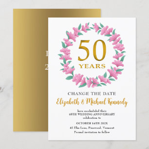 50e Jubileum Golden Pink Floral Change Date Kaart