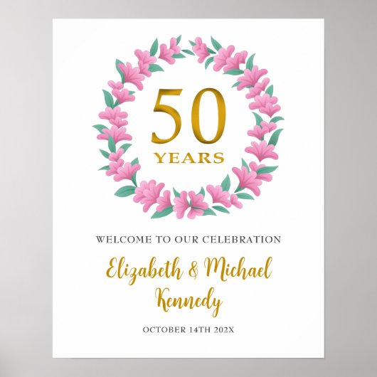 50e Jubileum Golden Welkom Roze Bloemenkrans Poster (Voorkant)