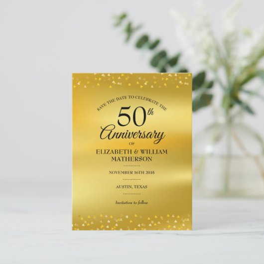 50e Jubileum GoldHearts Folie Opslaan datum Aankondigingskaart (Staand voorkant)