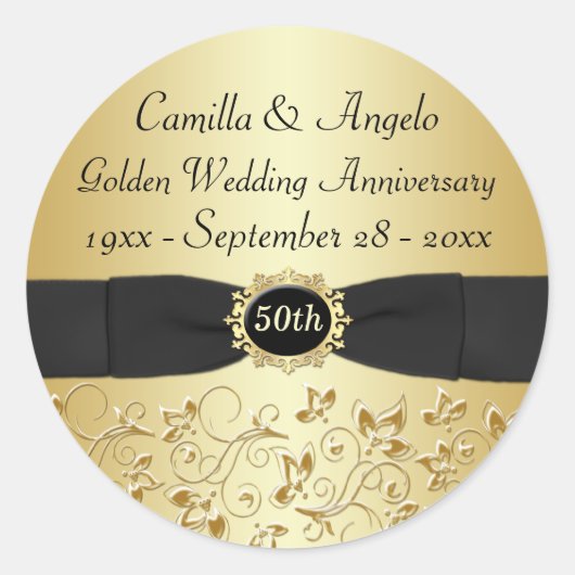 50e Jubileum goud, zwart 1,5" ronde Sticker (Voorkant)