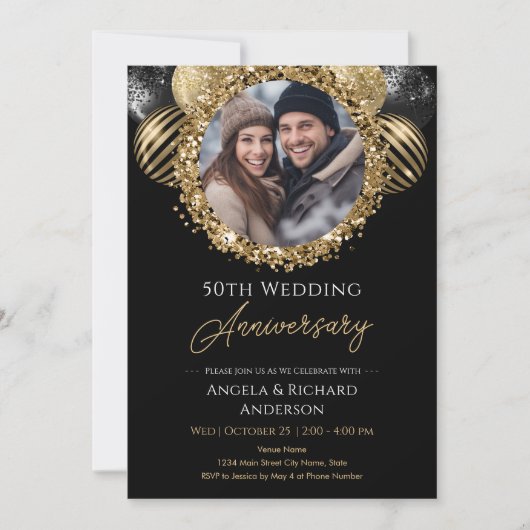 50e Jubileum Gouden en Zwarte Glitter Foto Kaart (Voorkant)