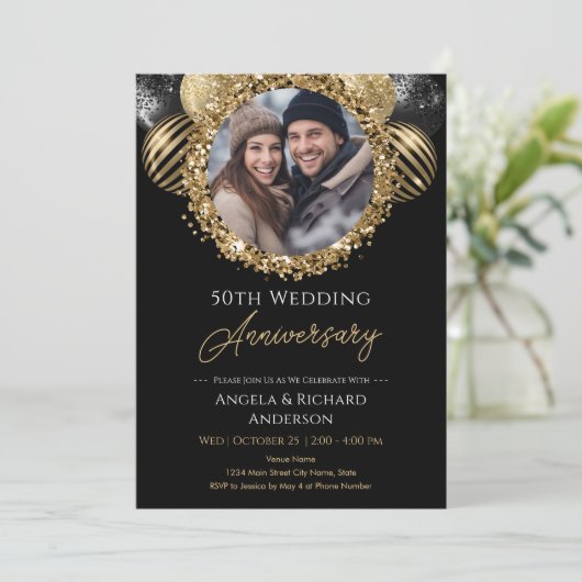 50e Jubileum Gouden en Zwarte Glitter Foto Kaart (Staand voorkant)