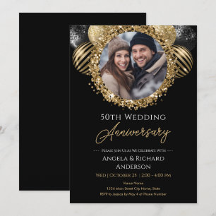 50e Jubileum Gouden en Zwarte Glitter Foto Kaart