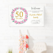 50e Jubileum Gouden Roze Bloemen Krans Bruiloft Spandoek (Insitu)