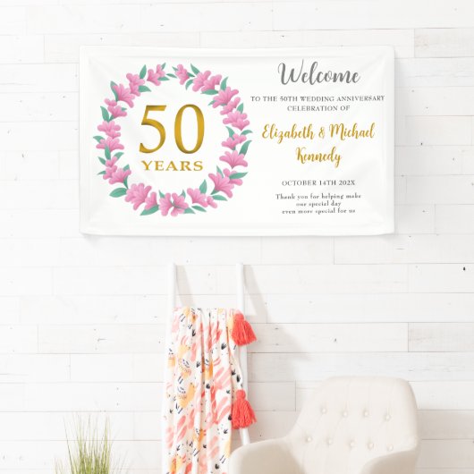 50e Jubileum Gouden Roze Bloemen Krans Bruiloft Spandoek (Insitu)