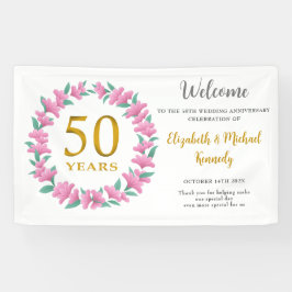 50e Jubileum Gouden Roze Bloemen Krans Bruiloft Spandoek