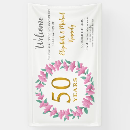 50e Jubileum Gouden Roze Bloemen Krans Bruiloft Spandoek (Verticaal)