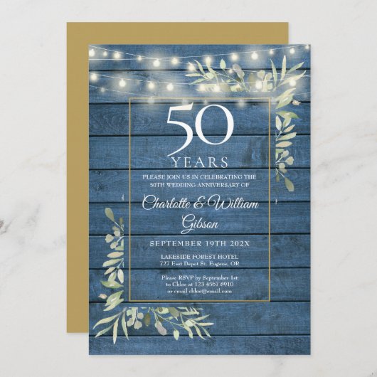 50e Jubileum Greenery String Lights Blue Wood Kaart (Voorkant / Achterkant)