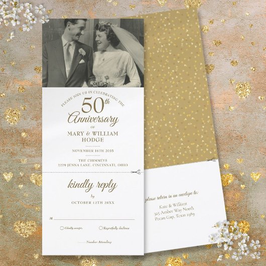 50e Jubileum Heart Confetti Wedding Foto RSVP Kaart