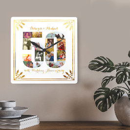50e Jubileum met bruiloft Gold Art Deco Foto Vierkante Klok