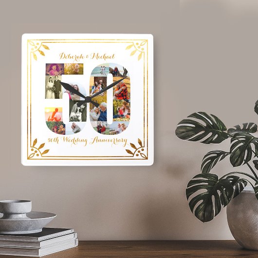 50e Jubileum met bruiloft Gold Art Deco Foto Vierkante Klok