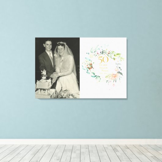 50e Jubileum met een gouden bruiloft Foto's Floral Canvas Afdruk