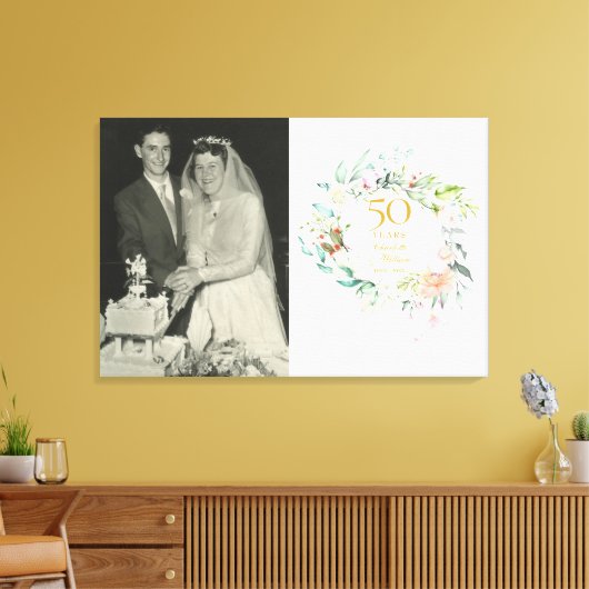 50e Jubileum met een gouden bruiloft Foto's Floral Canvas Afdruk (Insitu (Woonkamer))
