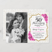 50e Jubileum met foto - White Gold Pink Kaart (Voorkant / Achterkant)