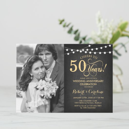 50e Jubileum met foto - Zwart en Goud Kaart (Staand voorkant)