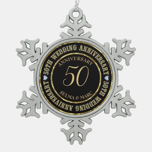 50e Jubileum metalen goud en zwarte ringen Tin Sneeuwvlok Ornament (Voorkant)