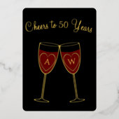 50e Jubileum Monogram Wijnglazen Cheers Gold Folie Uitnodiging (Voorkant)