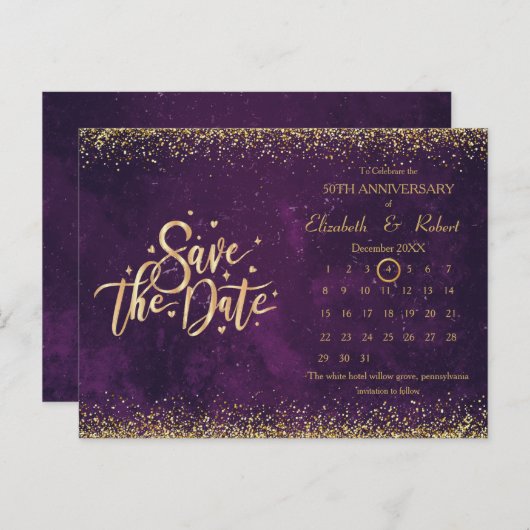 50e Jubileum Paarse Bruiloft De Datumkalender Aankondigingskaart (Voorkant / Achterkant)