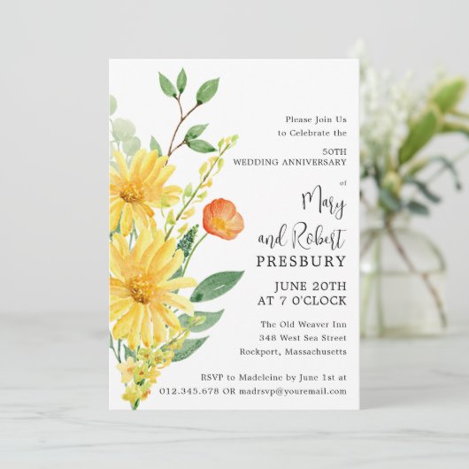 50e Jubileum Partij Gele Floral Kaart (Staand voorkant)