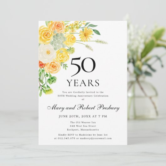 50e Jubileum Partij Gele Witte Floral Kaart (Staand voorkant)