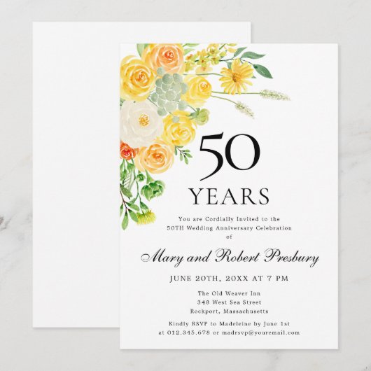 50e Jubileum Partij Gele Witte Floral Kaart (Voorkant / Achterkant)