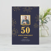 50e Jubileum Partij Navy Blauw Goud Vuurwerk Kaart (Staand voorkant)