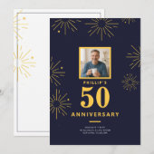 50e Jubileum Partij Navy Blauw Goud Vuurwerk Kaart (Voorkant / Achterkant)