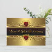 50e Jubileum party Black Gold Red Heart Kaart (Staand voorkant)