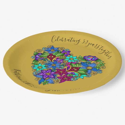 50e Jubileum Partyware, Bloemenhart, Aangepast Papieren Bordje (Gekanteld)