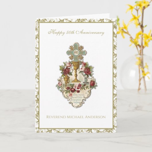 50e Jubileum Priest Elegant Chalice Floral Kaart (Gele Bloem)