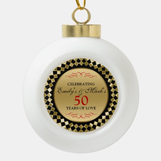 50e Jubileum - Rode gouden diamanten zwemmen Keramische Bal Ornament (Voorkant)
