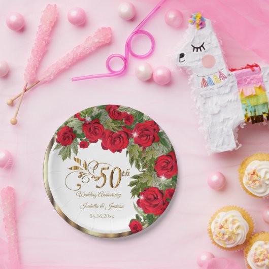 50e Jubileum - Rode rozenbloemen Papieren Bordje (Feest)