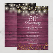 50e Jubileum Rode Rustieke Houten Gouden Harten Kaart (Voorkant / Achterkant)