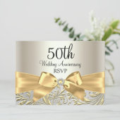 50e Jubileum RSVP Gold Bow & Floral Swirl Kaart (Staand voorkant)