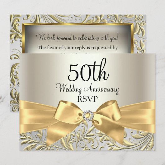 50e Jubileum RSVP Gold Bow & Floral Swirl Kaart (Voorkant / Achterkant)