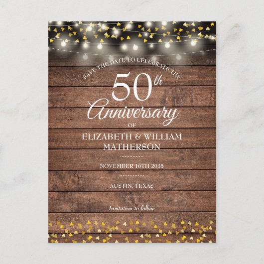 50e Jubileum Rustic Gold Hearts Sla de datum op Aankondigingskaart (Voorkant)