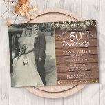 50e Jubileum Rustic Gold Hearts Wedding Photo Kaart<br><div class="desc">Het zijn touwlichten en delicate gouden liefde die confetti aanwakkeren op een rustige houtachtergrond. Pas je favoriete trouwfoto aan met je speciale 50e gouden trouwdag-feestelijke details in de kerkelijke typografie. Ontworpen door: Thisnotme©</div>