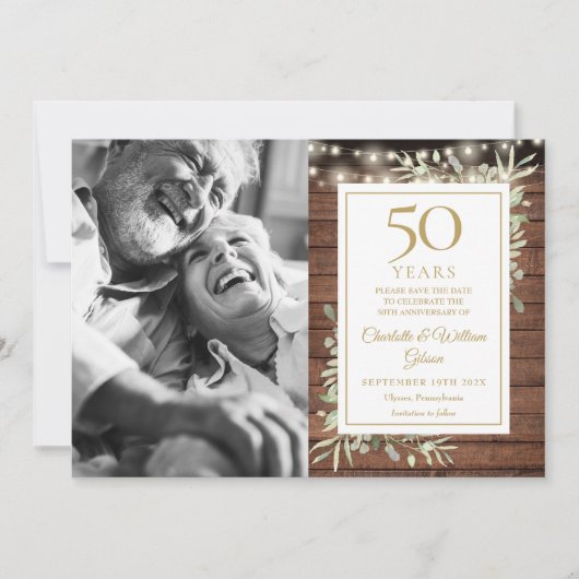 50e Jubileum Rustic Greenery Licht Foto Save The Date (Voorkant)