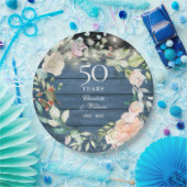 50e Jubileum Rustic Wood String Lights Floral Papieren Bordje (Feest)