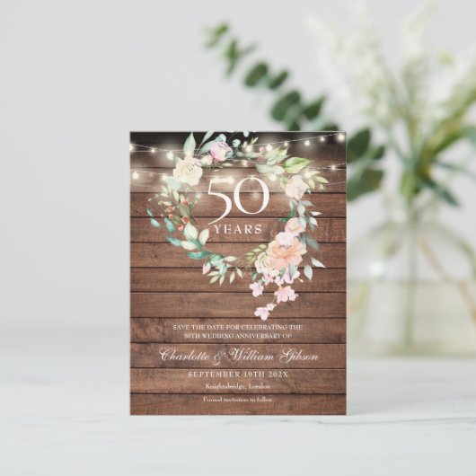 50e Jubileum Sparen de Datum Rustic Floral Aankondigingskaart (Staand voorkant)