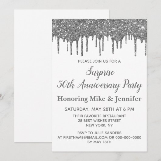 50e Jubileum Surprise Party Wit en Zilver Kaart (Voorkant / Achterkant)